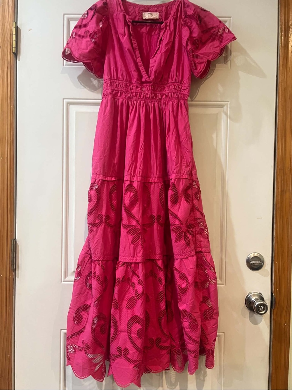 Anthropologie Hot Pink Embroidered Maxi Dress XS